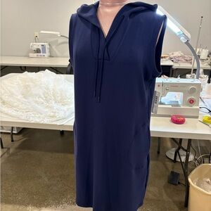 Tribal jet blue sleeveless hooded dress with pockets in techno lux fabric 2069O